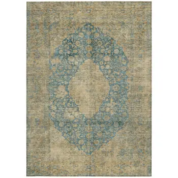 10' X 14' Blue And Beige Medallion Washable Indoor Outdoor Area Rug