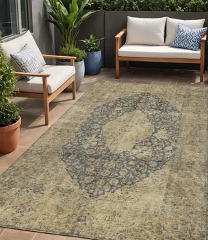 5' X 8' Charcoal And Beige Medallion Washable Indoor Outdoor Area Rug