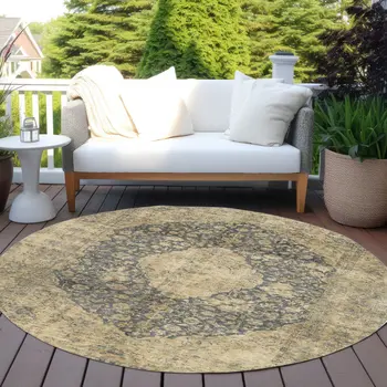 8' Charcoal And Beige Round Medallion Washable Indoor Outdoor Area Rug