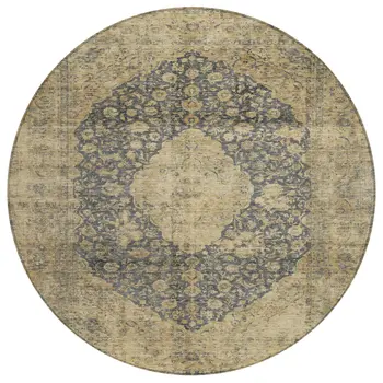 8' Charcoal And Beige Round Medallion Washable Indoor Outdoor Area Rug