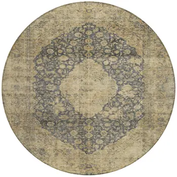 8' Charcoal And Beige Round Medallion Washable Indoor Outdoor Area Rug
