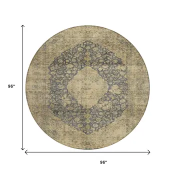 8' Charcoal And Beige Round Medallion Washable Indoor Outdoor Area Rug