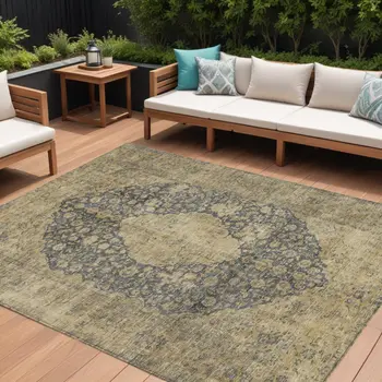 8' X 10' Charcoal And Beige Medallion Washable Indoor Outdoor Area Rug