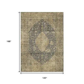 10' X 14' Charcoal And Beige Medallion Washable Indoor Outdoor Area Rug