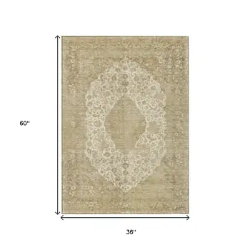 3' X 5' Ivory And Beige Medallion Washable Indoor Outdoor Area Rug