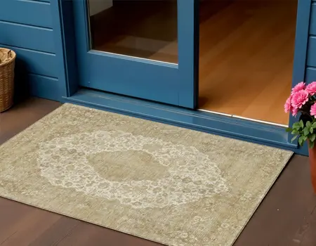 3' X 5' Ivory And Beige Medallion Washable Indoor Outdoor Area Rug