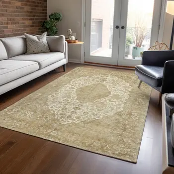 3' X 5' Ivory And Beige Medallion Washable Indoor Outdoor Area Rug