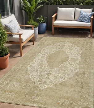 5' X 8' Ivory And Beige Medallion Washable Indoor Outdoor Area Rug