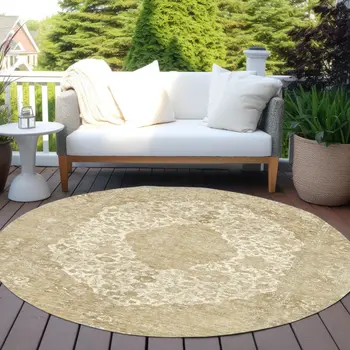 8' Ivory And Beige Round Medallion Washable Indoor Outdoor Area Rug