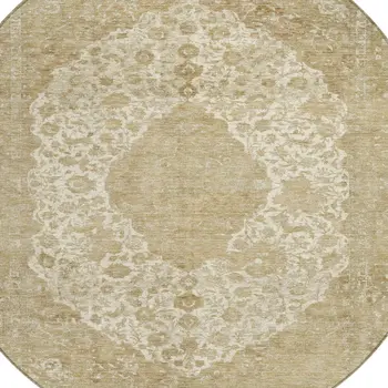 8' Ivory And Beige Round Medallion Washable Indoor Outdoor Area Rug