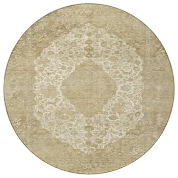 8' Ivory And Beige Round Medallion Washable Indoor Outdoor Area Rug