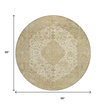 8' Ivory And Beige Round Medallion Washable Indoor Outdoor Area Rug