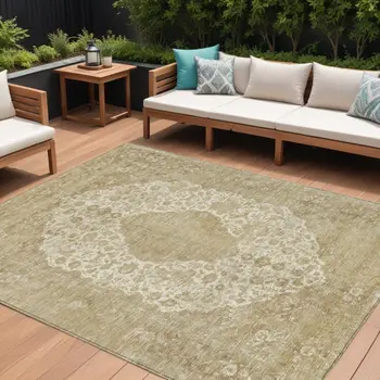 9' X 12' Ivory And Beige Medallion Washable Indoor Outdoor Area Rug