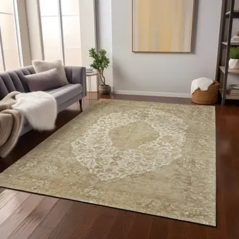 9' X 12' Ivory And Beige Medallion Washable Indoor Outdoor Area Rug