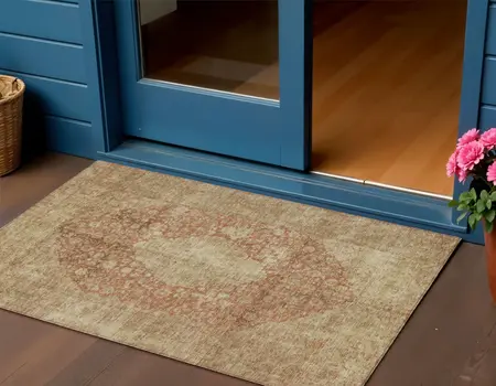 3' X 5' Rust And Beige Medallion Washable Indoor Outdoor Area Rug