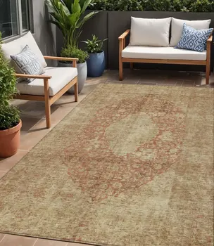 5' X 8' Rust And Beige Medallion Washable Indoor Outdoor Area Rug