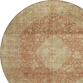 8' Rust And Beige Round Medallion Washable Indoor Outdoor Area Rug