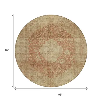 8' Rust And Beige Round Medallion Washable Indoor Outdoor Area Rug