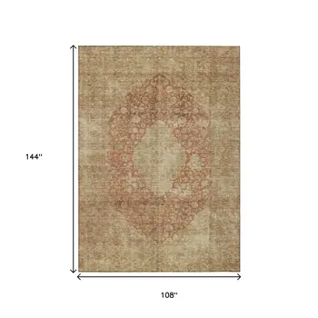 9' X 12' Rust And Beige Medallion Washable Indoor Outdoor Area Rug