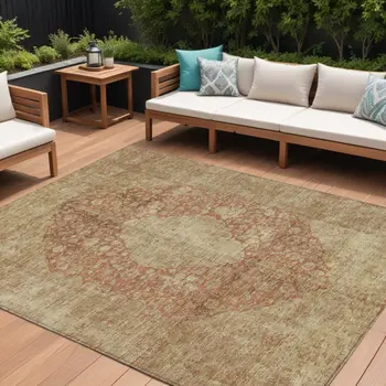 9' X 12' Rust And Beige Medallion Washable Indoor Outdoor Area Rug