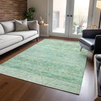 5' X 8' Artichoke Green And Beige Trellis Washable Indoor Outdoor Area Rug