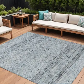 9' X 12' Blue And Gray Trellis Washable Indoor Outdoor Area Rug