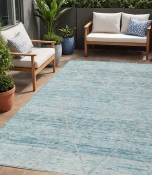 5' X 8' Teal Blue And Ivory Trellis Washable Indoor Outdoor Area Rug