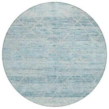 8' Teal Blue And Ivory Round Trellis Washable Indoor Outdoor Area Rug