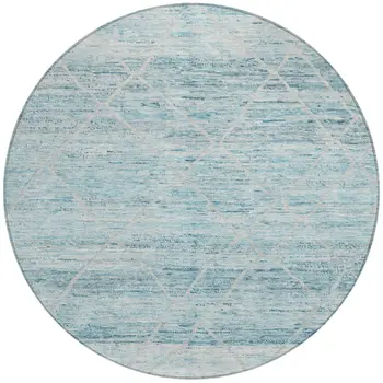 8' Teal Blue And Ivory Round Trellis Washable Indoor Outdoor Area Rug