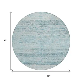 8' Teal Blue And Ivory Round Trellis Washable Indoor Outdoor Area Rug