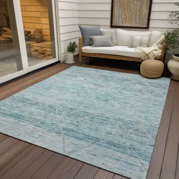 10' X 14' Teal Blue And Ivory Trellis Washable Indoor Outdoor Area Rug