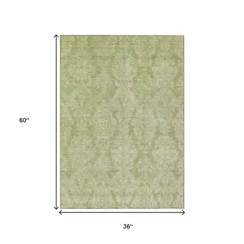 3' X 5' Artichoke Green And Beige Damask Washable Indoor Outdoor Area Rug