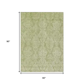 5' X 8' Artichoke Green And Beige Damask Washable Indoor Outdoor Area Rug
