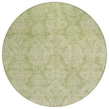 8' Artichoke Green And Beige Round Damask Washable Indoor Outdoor Area Rug