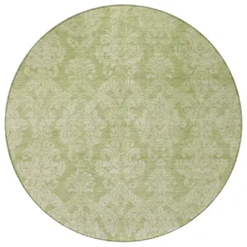 8' Artichoke Green And Beige Round Damask Washable Indoor Outdoor Area Rug