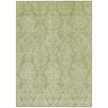 8' X 10' Artichoke Green And Beige Damask Washable Indoor Outdoor Area Rug