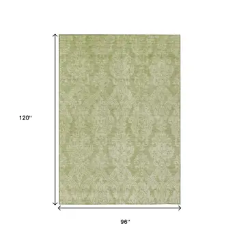 8' X 10' Artichoke Green And Beige Damask Washable Indoor Outdoor Area Rug
