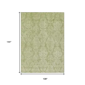 9' X 12' Artichoke Green And Beige Damask Washable Indoor Outdoor Area Rug