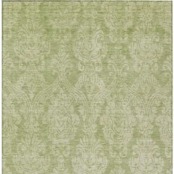 10' X 14' Artichoke Green And Beige Damask Washable Indoor Outdoor Area Rug