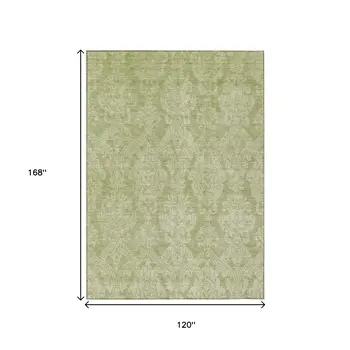 10' X 14' Artichoke Green And Beige Damask Washable Indoor Outdoor Area Rug