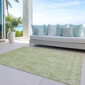 10' X 14' Artichoke Green And Beige Damask Washable Indoor Outdoor Area Rug