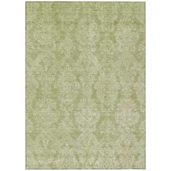 10' X 14' Artichoke Green And Beige Damask Washable Indoor Outdoor Area Rug