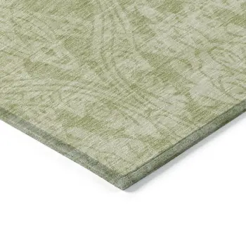 10' X 14' Artichoke Green And Beige Damask Washable Indoor Outdoor Area Rug