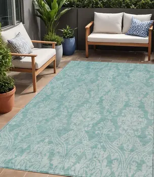 5' X 8' Aqua And Ivory Damask Washable Indoor Outdoor Area Rug