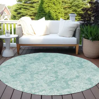 8' Aqua And Ivory Round Damask Washable Indoor Outdoor Area Rug