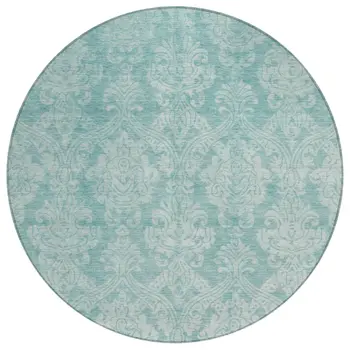 8' Aqua And Ivory Round Damask Washable Indoor Outdoor Area Rug