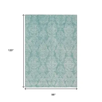 8' X 10' Aqua And Ivory Damask Washable Indoor Outdoor Area Rug