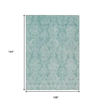 9' X 12' Aqua And Ivory Damask Washable Indoor Outdoor Area Rug