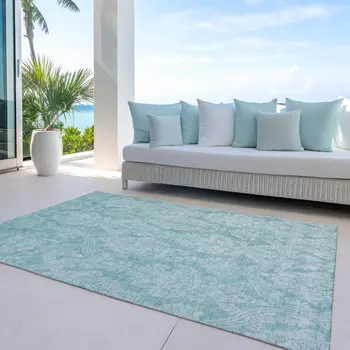 9' X 12' Aqua And Ivory Damask Washable Indoor Outdoor Area Rug
