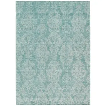 9' X 12' Aqua And Ivory Damask Washable Indoor Outdoor Area Rug